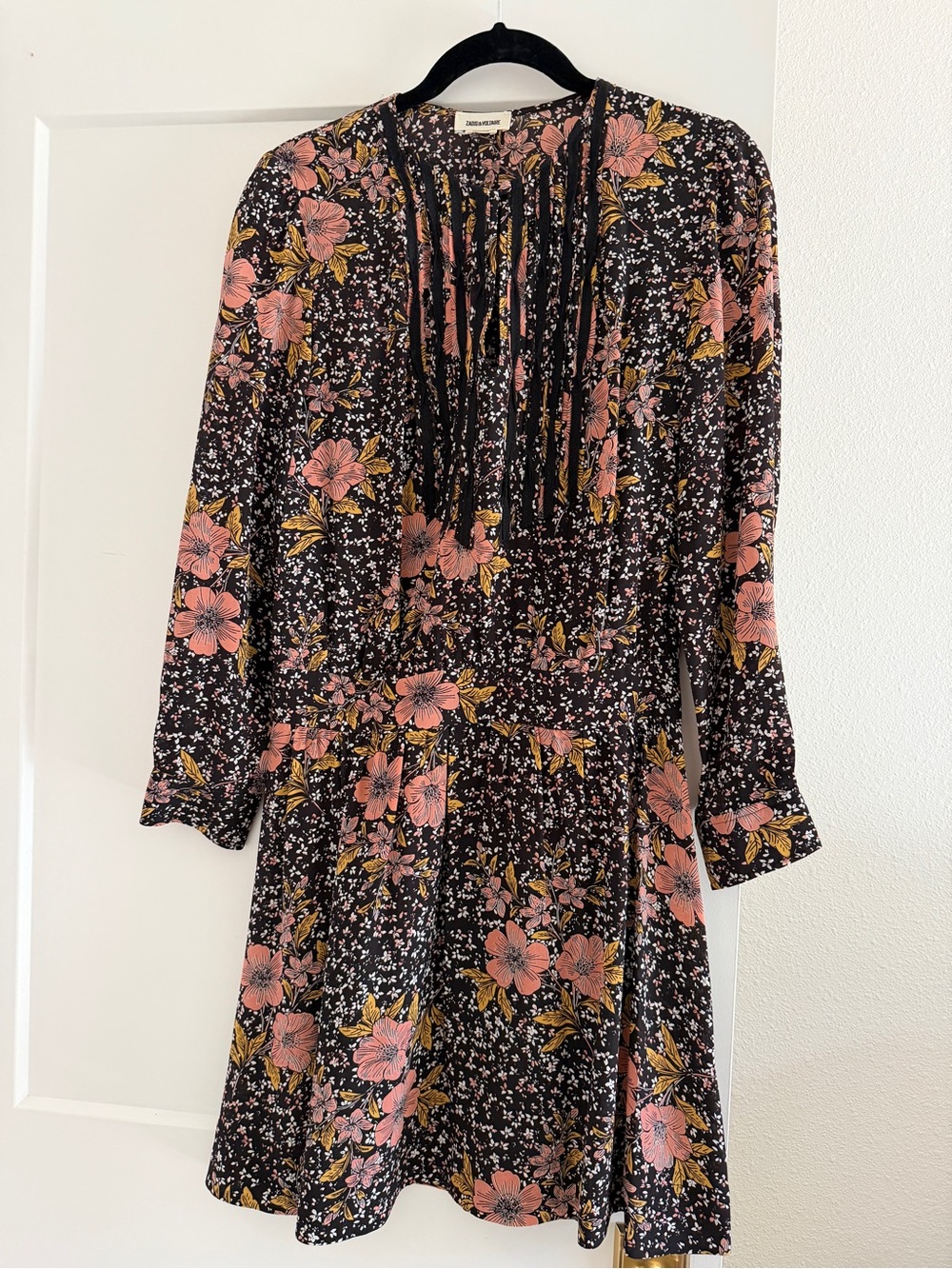 Zadig & Voltaire Black Long-Sleeve Floral Dress with Pink and Mustard Blooms